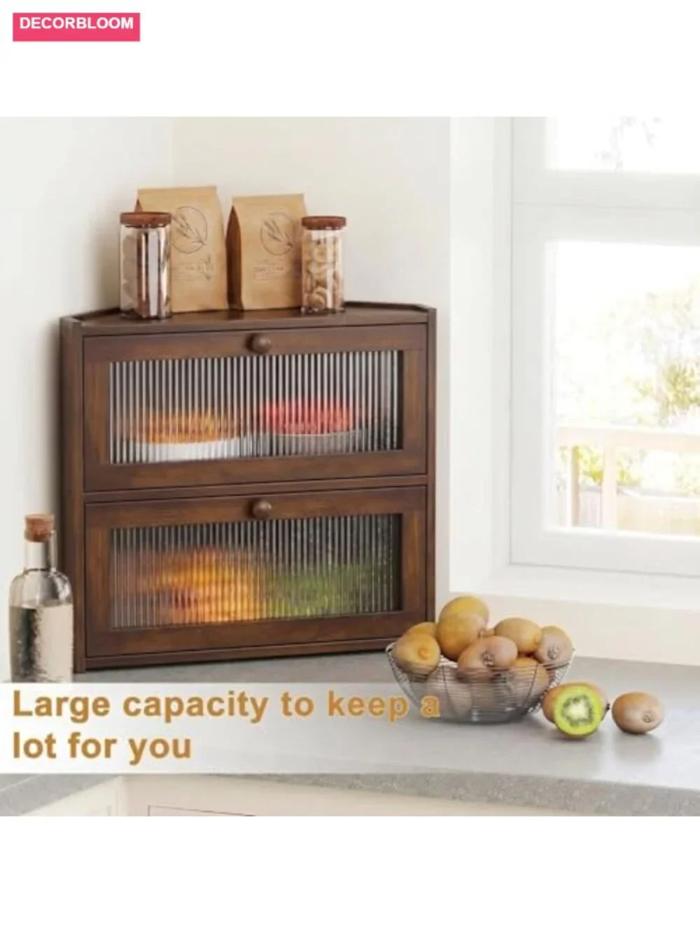 Bamboo Corner Bread Box Double Layer with Magnetic Door Farmhouse Kitchen
